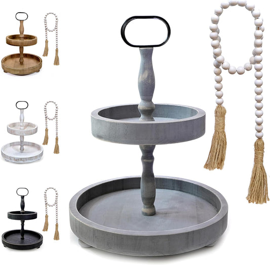 Farmhouse Wooden Two-Tier Tray with Beads for Home Decor - Gray Tiered Display Stand for Coffee Table and Kitchen