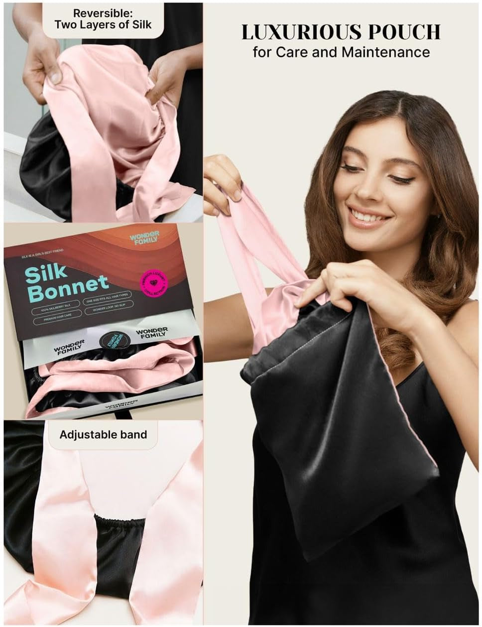 Silk sleep bonnet worn for curly hair