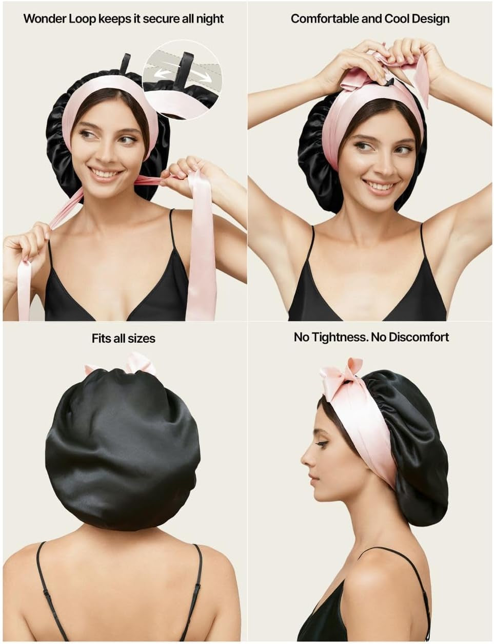 Silk sleep bonnet adjustable tie band