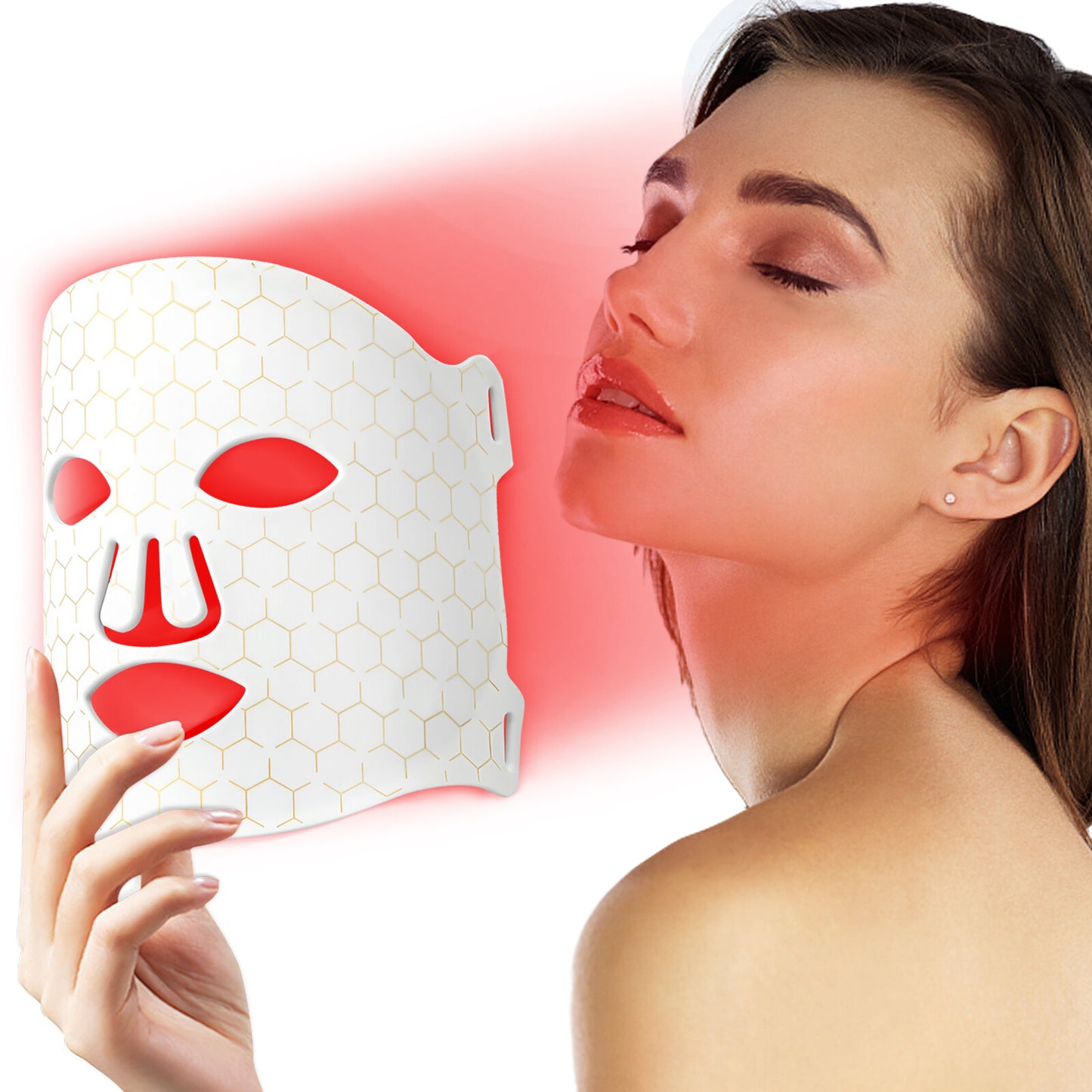 LED face mask worn glowing red light therapy