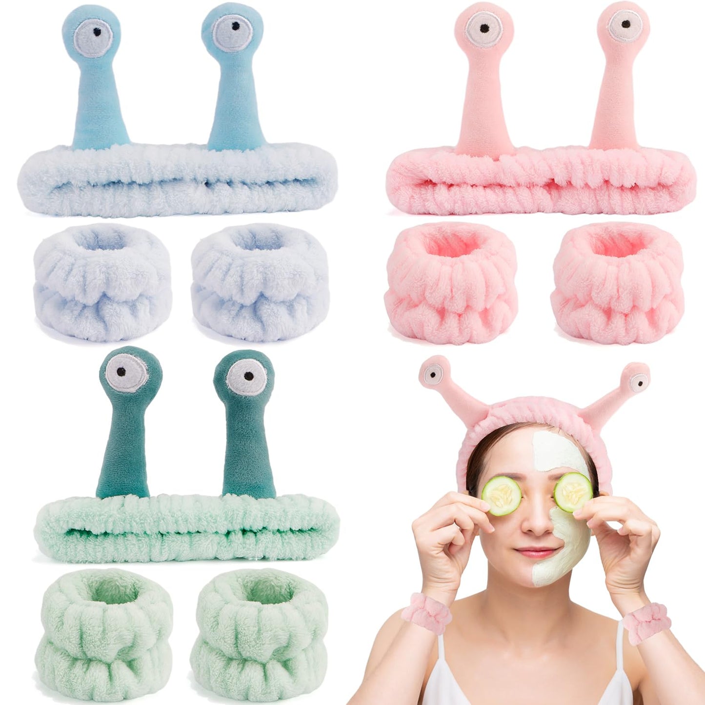 Spa headband and wristband 9-piece set in green blue pink
