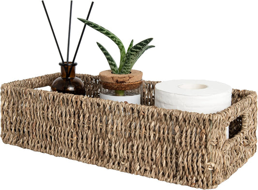 Seagrass Baskets with Integrated Handles for Bathroom Decor, Ideal for Toilet Tank Top, Dimensions: 14 ¼"L x 6 ½"W x 3 ¾"H