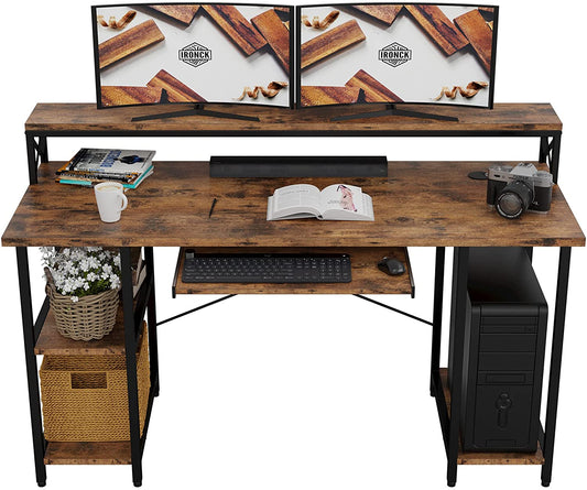 55" Computer Desk for Home Office with Keyboard Tray, Monitor Stand, and Storage Shelf - Vintage Brown Industrial Writing Table