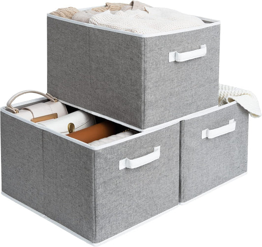 Jumbo 32L Closet Storage Baskets with Handles, Foldable Organizers for Linen Closet, Set of 3, Gray